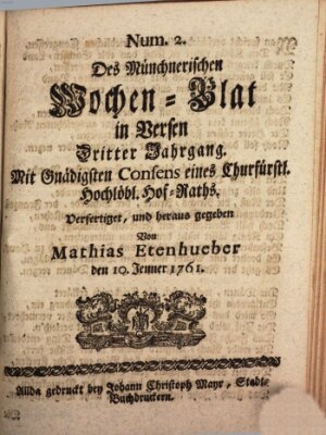 Münchnerisches Wochenblatt In Versen Samstag 10. Januar 1761