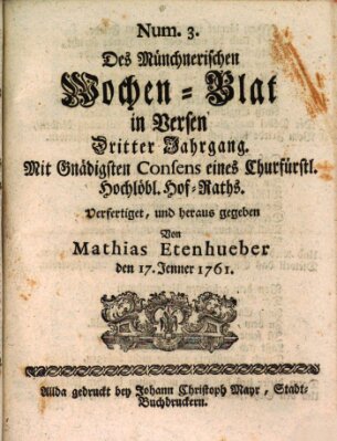 Münchnerisches Wochenblatt In Versen Samstag 17. Januar 1761