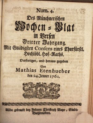 Münchnerisches Wochenblatt In Versen Samstag 24. Januar 1761