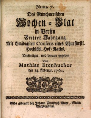 Münchnerisches Wochenblatt In Versen Samstag 14. Februar 1761