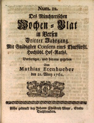 Münchnerisches Wochenblatt In Versen Samstag 21. März 1761