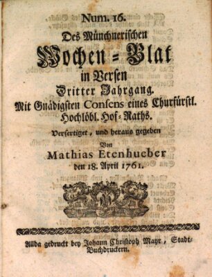 Münchnerisches Wochenblatt In Versen Samstag 18. April 1761