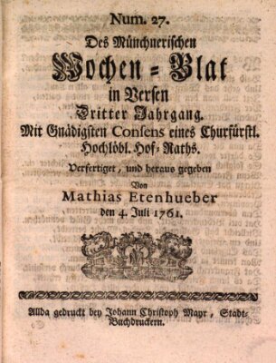 Münchnerisches Wochenblatt In Versen Samstag 4. Juli 1761