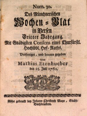 Münchnerisches Wochenblatt In Versen Samstag 25. Juli 1761