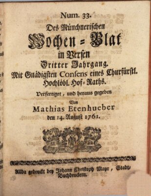 Münchnerisches Wochenblatt In Versen Freitag 14. August 1761