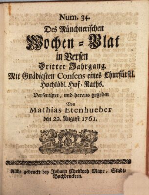 Münchnerisches Wochenblatt In Versen Samstag 22. August 1761