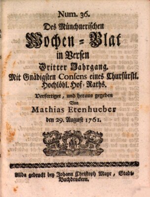 Münchnerisches Wochenblatt In Versen Samstag 29. August 1761