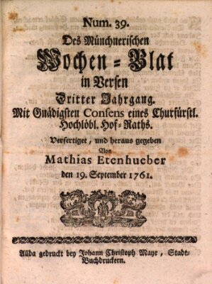 Münchnerisches Wochenblatt In Versen Samstag 19. September 1761