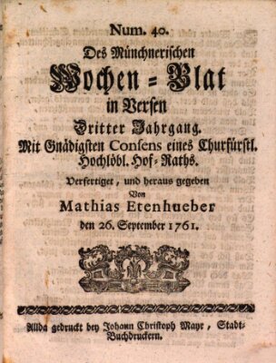 Münchnerisches Wochenblatt In Versen Samstag 26. September 1761