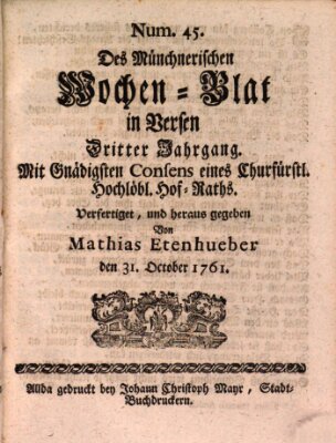 Münchnerisches Wochenblatt In Versen Samstag 31. Oktober 1761