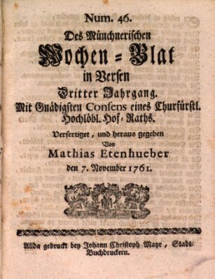 Münchnerisches Wochenblatt In Versen Samstag 7. November 1761