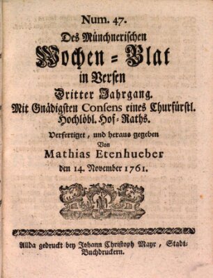 Münchnerisches Wochenblatt In Versen Samstag 14. November 1761