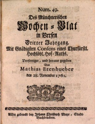 Münchnerisches Wochenblatt In Versen Samstag 28. November 1761