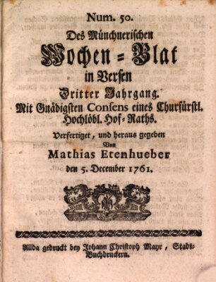 Münchnerisches Wochenblatt In Versen Samstag 5. Dezember 1761