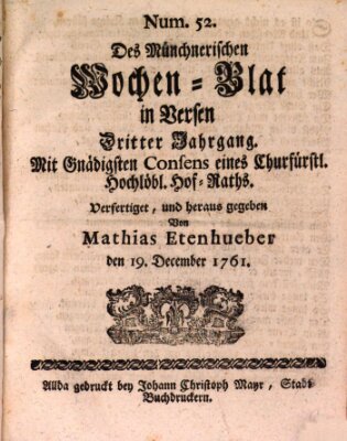 Münchnerisches Wochenblatt In Versen Samstag 19. Dezember 1761