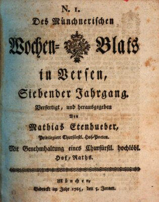 Münchnerisches Wochenblatt In Versen Samstag 5. Januar 1765