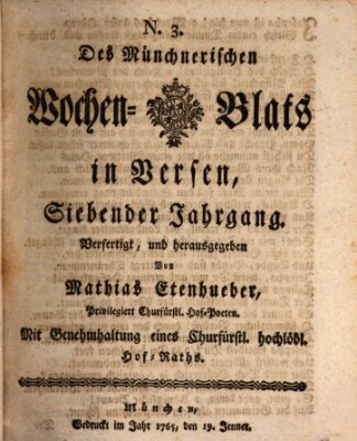 Münchnerisches Wochenblatt In Versen Samstag 19. Januar 1765