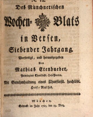 Münchnerisches Wochenblatt In Versen Samstag 23. März 1765