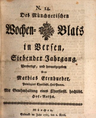 Münchnerisches Wochenblatt In Versen Dienstag 2. April 1765