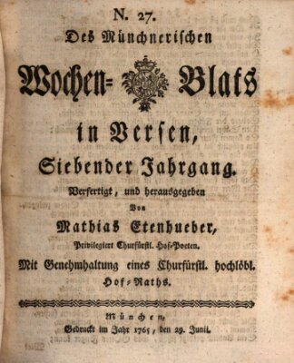 Münchnerisches Wochenblatt In Versen Samstag 29. Juni 1765