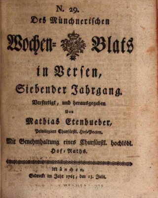 Münchnerisches Wochenblatt In Versen Samstag 13. Juli 1765