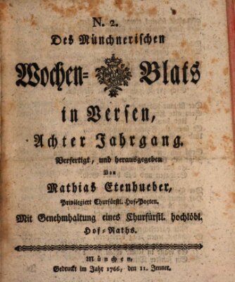 Münchnerisches Wochenblatt In Versen Samstag 11. Januar 1766