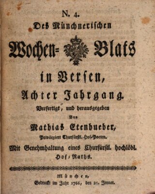 Münchnerisches Wochenblatt In Versen Samstag 25. Januar 1766