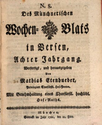 Münchnerisches Wochenblatt In Versen Samstag 22. Februar 1766