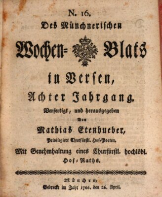 Münchnerisches Wochenblatt In Versen Samstag 26. April 1766