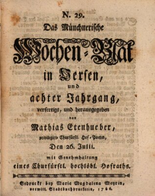 Münchnerisches Wochenblatt In Versen Samstag 26. Juli 1766