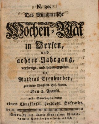 Münchnerisches Wochenblatt In Versen Samstag 2. August 1766