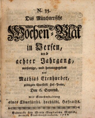 Münchnerisches Wochenblatt In Versen Samstag 6. September 1766