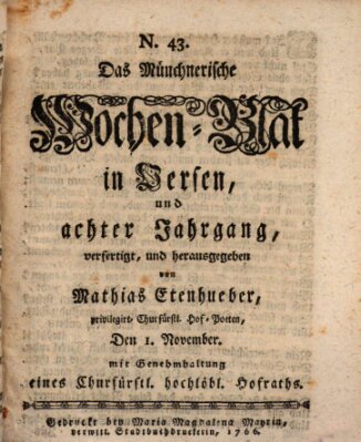 Münchnerisches Wochenblatt In Versen Samstag 1. November 1766