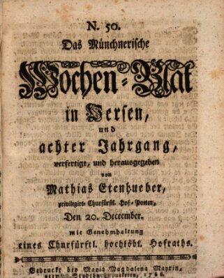 Münchnerisches Wochenblatt In Versen Samstag 20. Dezember 1766