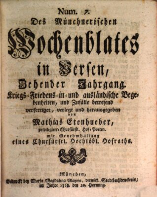 Münchnerisches Wochenblatt In Versen Samstag 20. Februar 1768