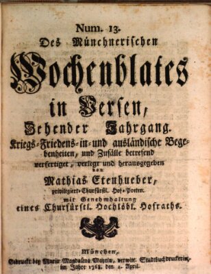 Münchnerisches Wochenblatt In Versen Samstag 2. April 1768