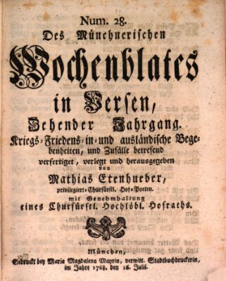 Münchnerisches Wochenblatt In Versen Samstag 16. Juli 1768