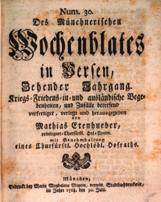 Münchnerisches Wochenblatt In Versen Samstag 30. Juli 1768