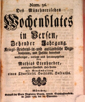 Münchnerisches Wochenblatt In Versen Samstag 10. September 1768