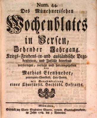 Münchnerisches Wochenblatt In Versen Samstag 5. November 1768