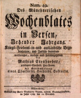 Münchnerisches Wochenblatt In Versen Samstag 10. Dezember 1768