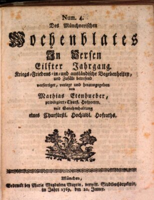 Münchnerisches Wochenblatt In Versen Samstag 21. Januar 1769