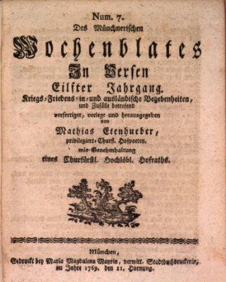 Münchnerisches Wochenblatt In Versen Samstag 11. Februar 1769