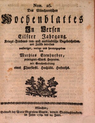 Münchnerisches Wochenblatt In Versen Samstag 24. Juni 1769