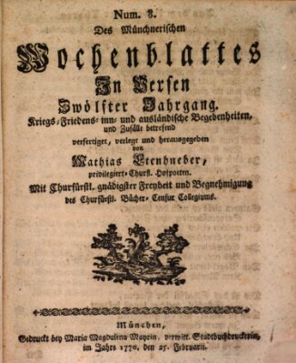 Münchnerisches Wochenblatt In Versen Sonntag 25. Februar 1770