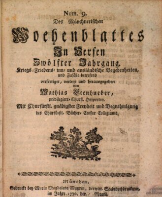 Münchnerisches Wochenblatt In Versen Sonntag 4. März 1770