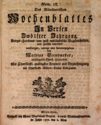 Münchnerisches Wochenblatt In Versen Sonntag 6. Mai 1770