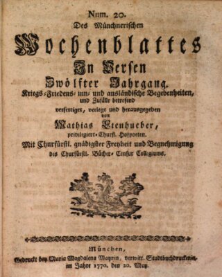 Münchnerisches Wochenblatt In Versen Sonntag 20. Mai 1770