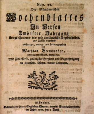 Münchnerisches Wochenblatt In Versen Sonntag 3. Juni 1770