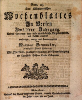 Münchnerisches Wochenblatt In Versen Sonntag 10. Juni 1770